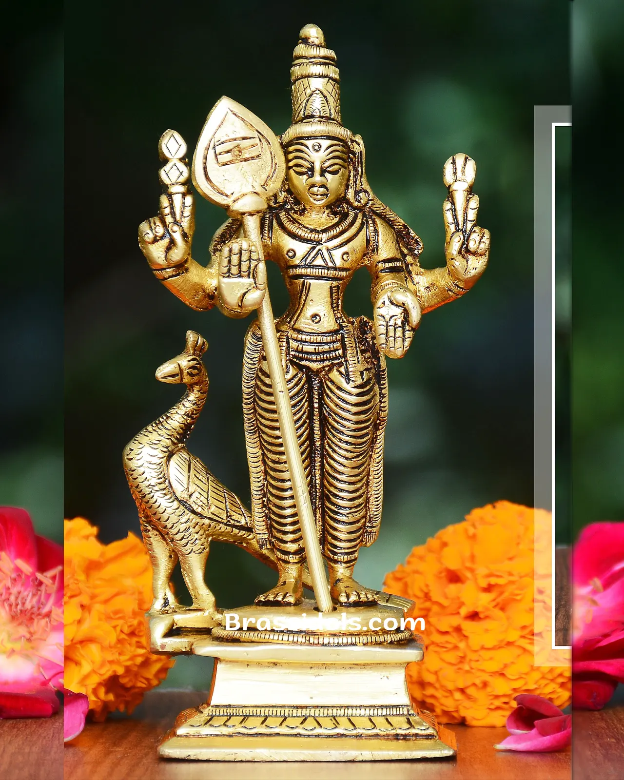 Devotional Murugan with Peacock & Vajarayutham Brass Idols - 5 inches - image 1
