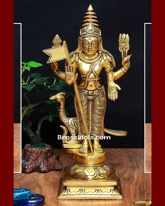 Blessed BalaMurugan With Mayil and Vajrayudham Brass Idols - 10.5 Inches - image 1