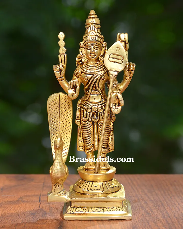 Charming Murugan with Mayil and Vajrayudham Brass Idol - 6 Inches - image 1