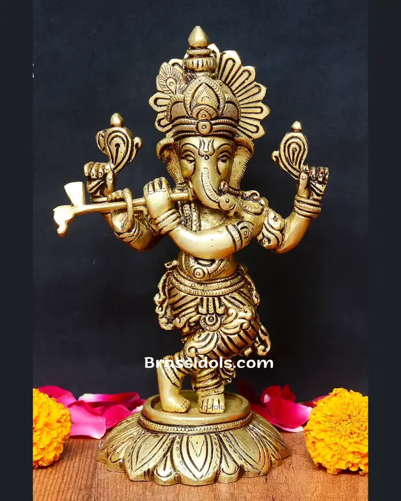 Brass Standing Ganesha Playing Flute Statue 7 inches - image 1