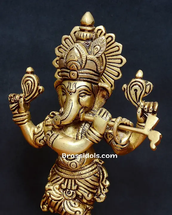 Brass Standing Ganesha Playing Flute Statue 7 inches - image 2