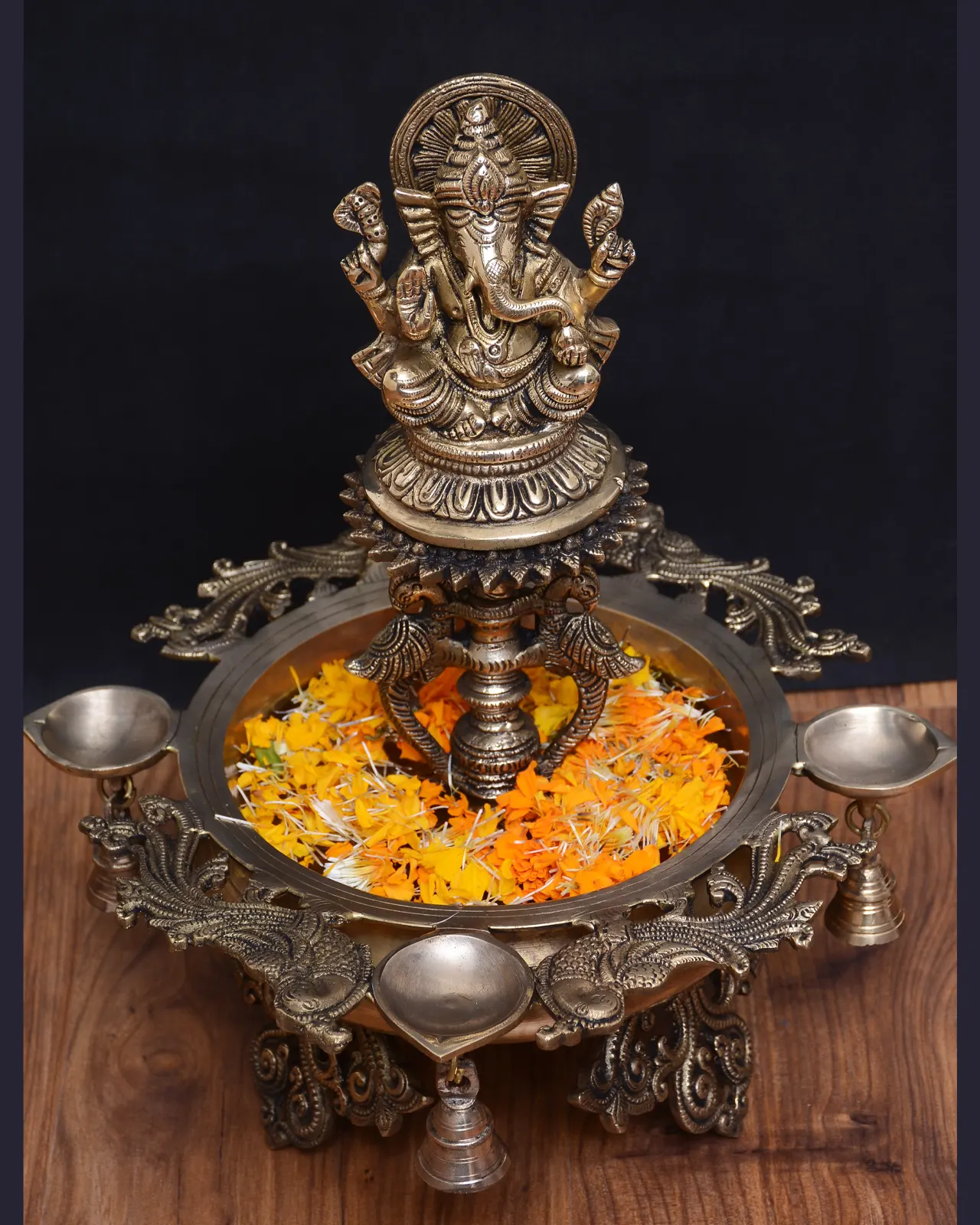 Brass Standing Ganesh Side Deepak Urli - image 1